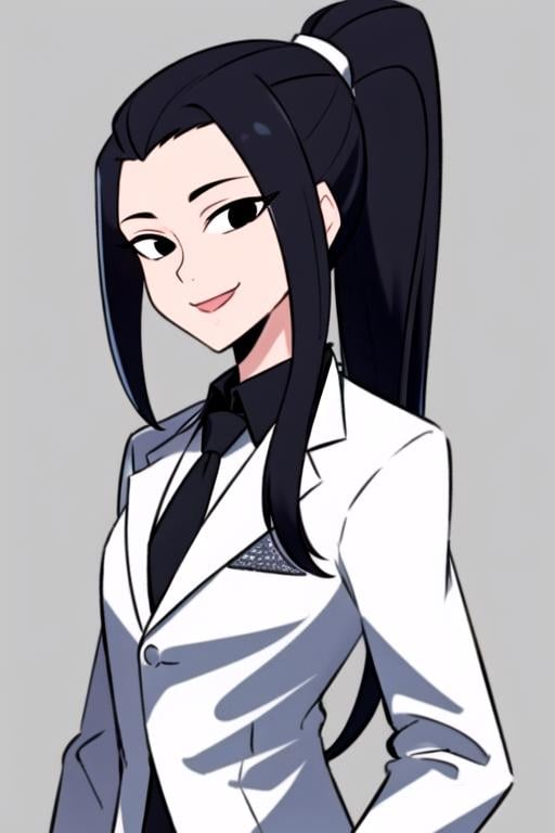 masterpiece, best quality, <lora:hamato_karai:0.7>  1girl, solo, looking at viewer, smile, black hair, long hair, ponytail, black eyes, smile, looking at viewer, collared shirt, white shirt, black jacket, black necktie, long sleeves, formal, black suit, simple background, blue background, standing, upper body, from side