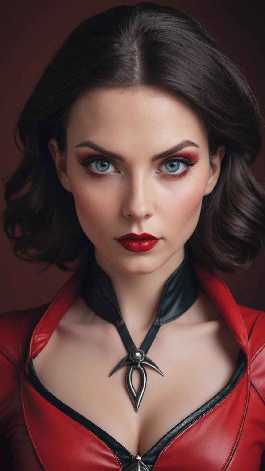 Symmetrical portrait of a gorgeous female witch, hypnotic gaze, profound eyes, bust, cleavage, pale skin, wearing red leather outfit, artsy 