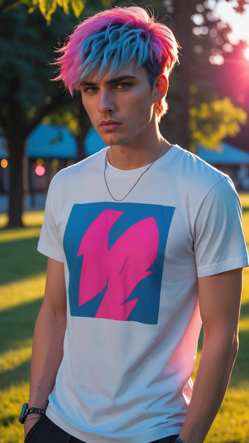 (2 tone hot pink and blue lit photo), 1boy, brooding twunk in a park, stubble, swept fringe, shadow, white t-shirt, smoldering look, dangerous beauty, queer, (deviant mood), skin reflections, high saturation, (GS-Boyish:0.5),