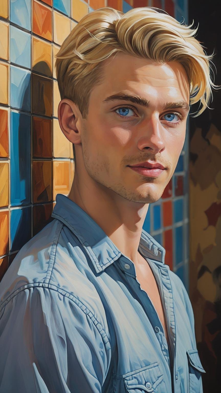 vivid oil painting, young man, guy leaning against a tiled wall, looking at viewer, he has very short blonde hair with a fade, his stubble is also blonde, gentle smile,  a glint in his blue eyes, cinematic, vivid colors, queer, deviant mood,