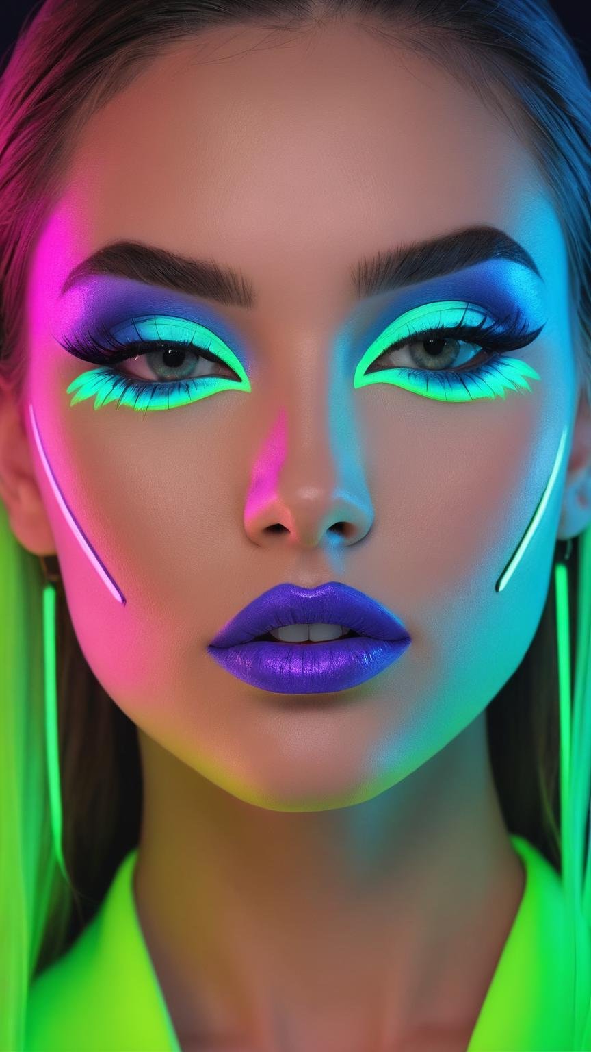 close up, female face, heavy neon makeup, 