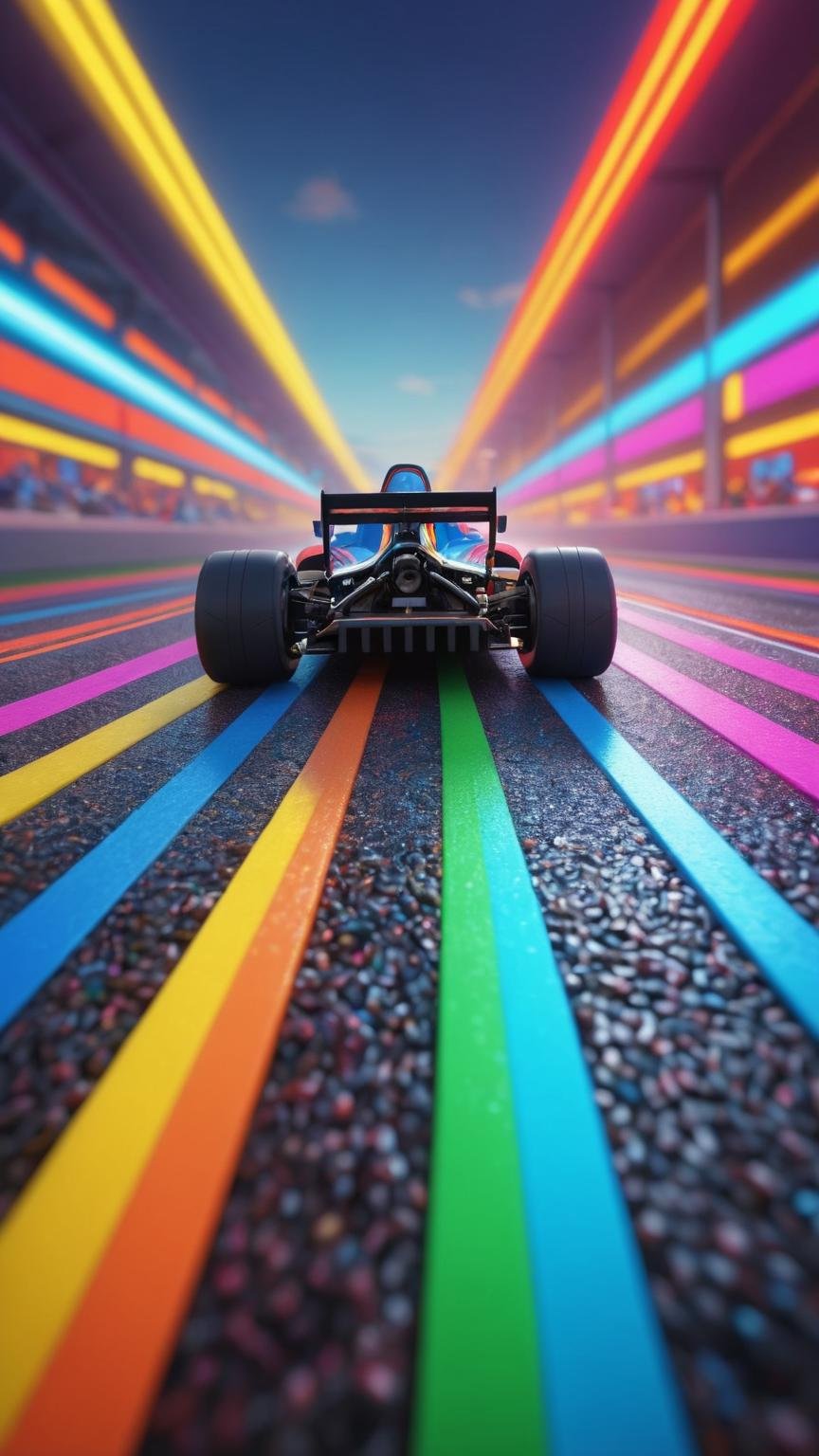 Crisp composition, computer simulation, neon race cars on  colorful track, mario kart style, rainbow road, muscle cars, HDR, higly detailed, high quality, crips detail, straight lines, depth of field, bokeh 