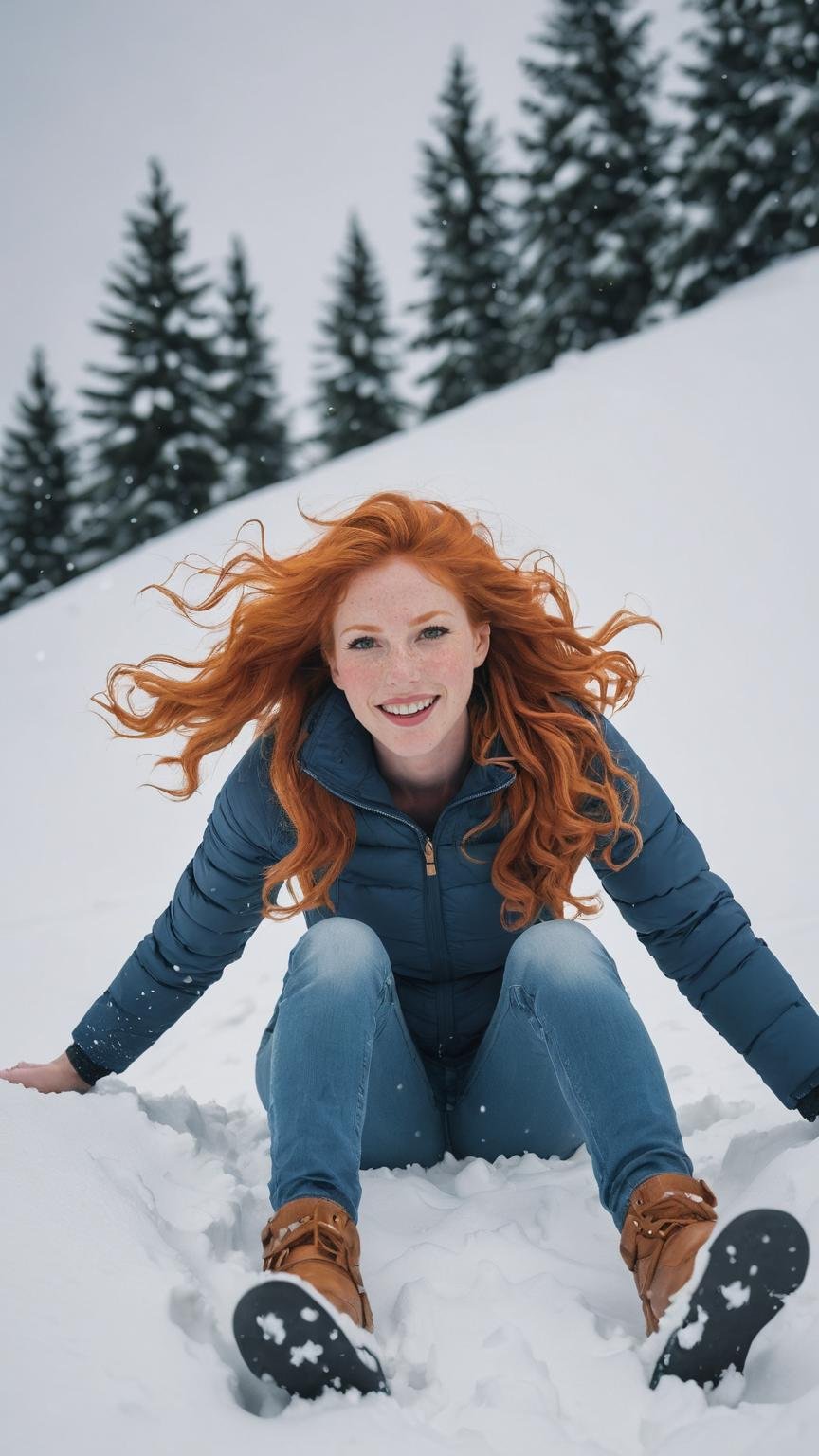 A beautiful ginger woman sliding down a hill, happy winter momen, lovely snow, highly detailed, holiday photo, memories, nostalgia, beautiful and high quality 