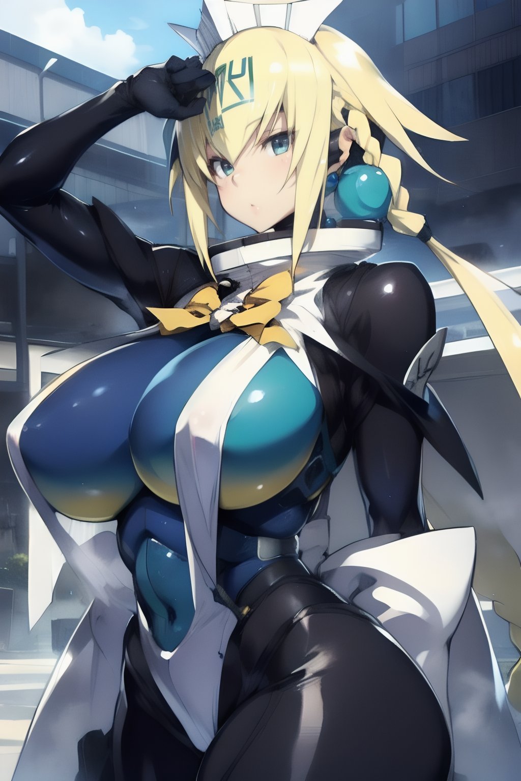 emera, huge breasts, perfect breasts, blonde hair, braid, twin tails,Emera, gigantic breasts, black suit