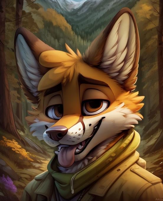 Furry, brown and orange fox, yellow scarf,  green jacket, close up, looking at viewer, forest and mountains in background, detailed background, by jacarto, art by jacato  <lora:Jacato:1>  tongue sticking out