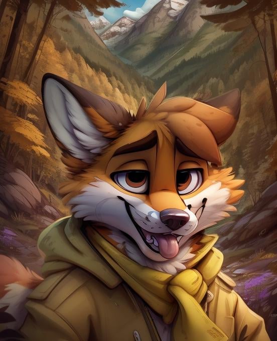 Furry, brown and orange fox, yellow scarf,  green jacket, close up, looking at viewer, forest and mountains in background, detailed background, by jacarto, art by jacato  <lora:Jacato:1>  tongue sticking out