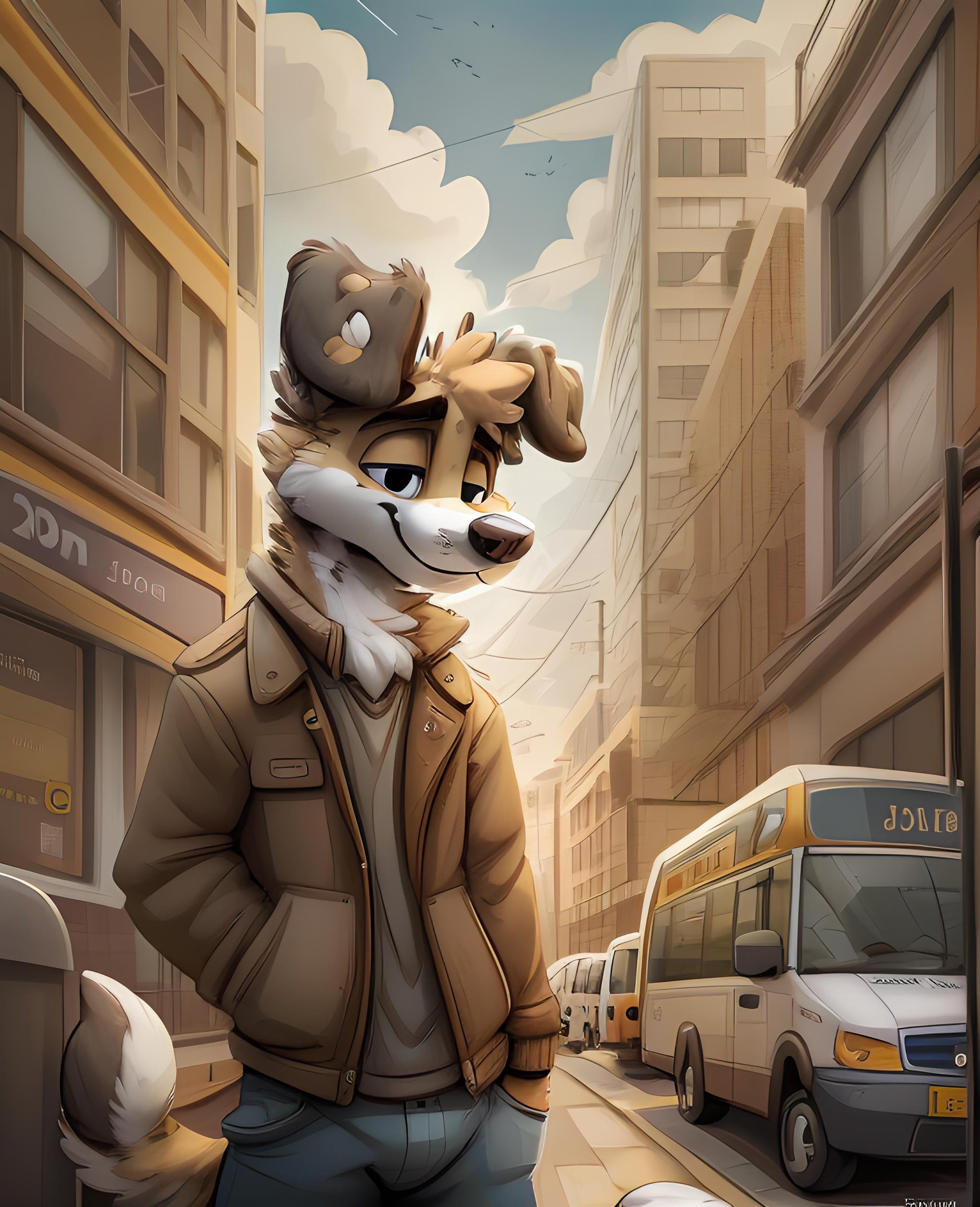 Furry, grey & white dog, wearing brown jacket and blue pants, close-up,  looking at the sky, day time, city street, bus driving on the road,  by jacarto, art by jacato <lora:Jacato:1>  