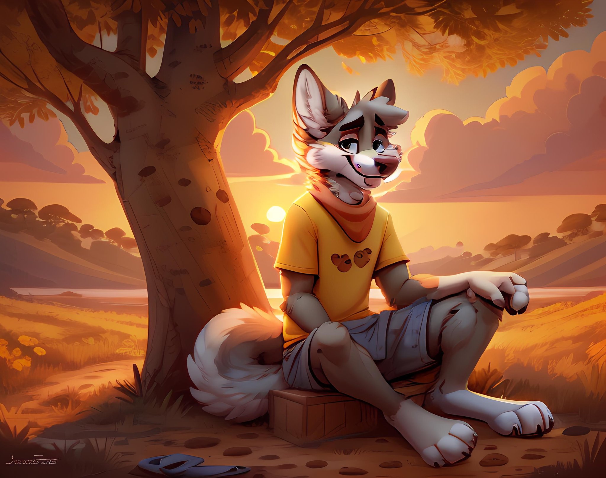 Furry, grey wolf, wearing a yellow tshirt, blue scarf, holding a cookie, looking looking at viewer, under a tree, detailed background, by jacarto, art by jacato  <lora:Jacato:1>  tongue sticking out, sunset, Detailed, HD,