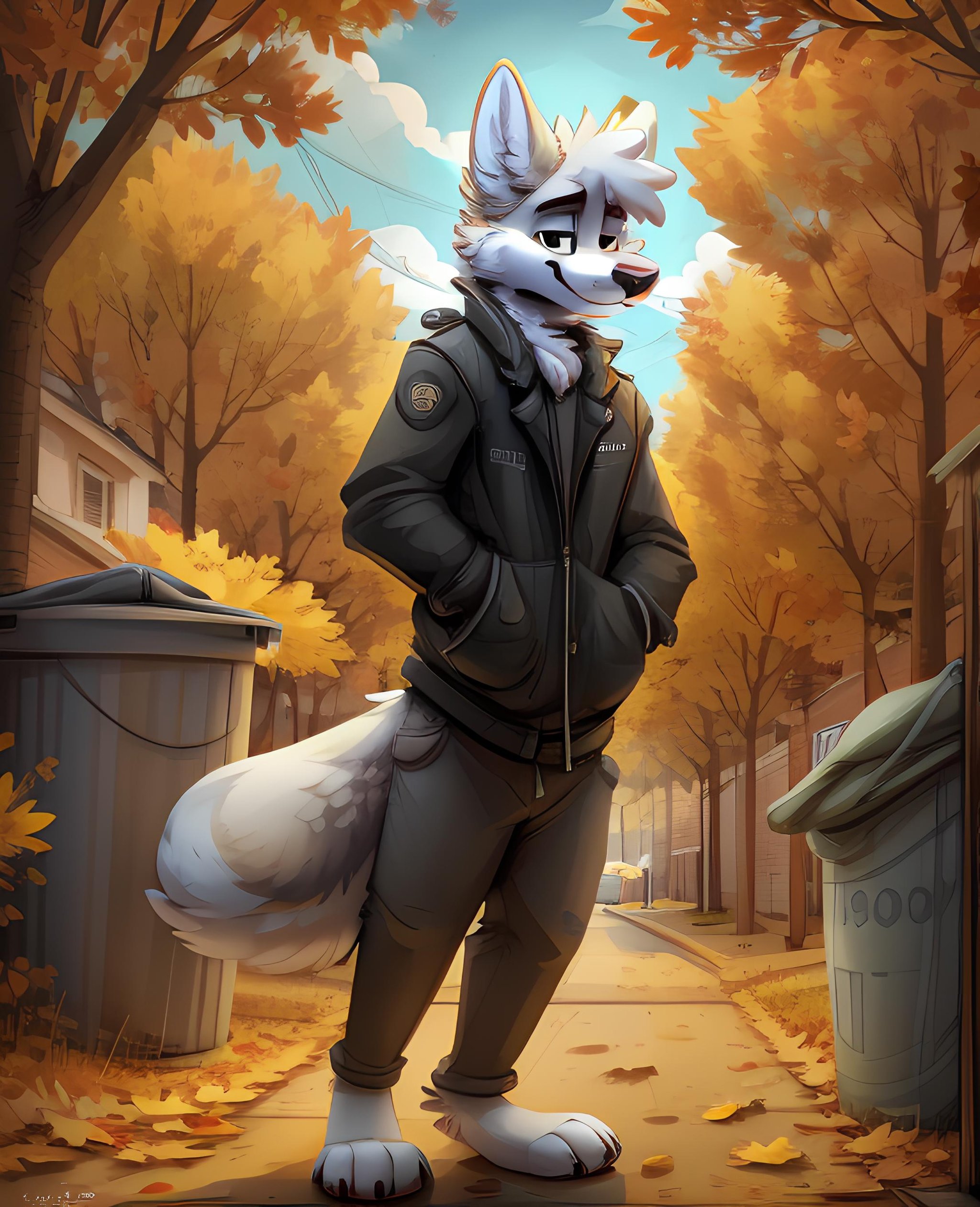 Furry, tall, white wolf, wearing a black jacket, putting a trash bag into a trash can,  looking at viewer, suburban, detailed background, by jacarto, art by jacato  <lora:Jacato:1>   trees, fall season, yellow leaves