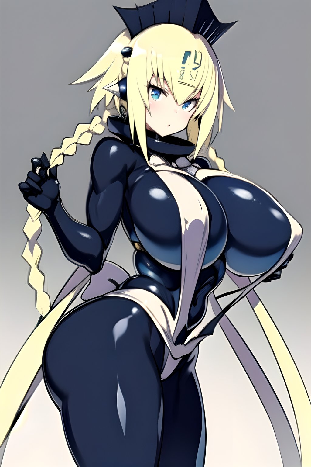 emera, huge breasts, perfect breasts, blonde hair, braid, twin tails,Emera, gigantic breasts, black suit