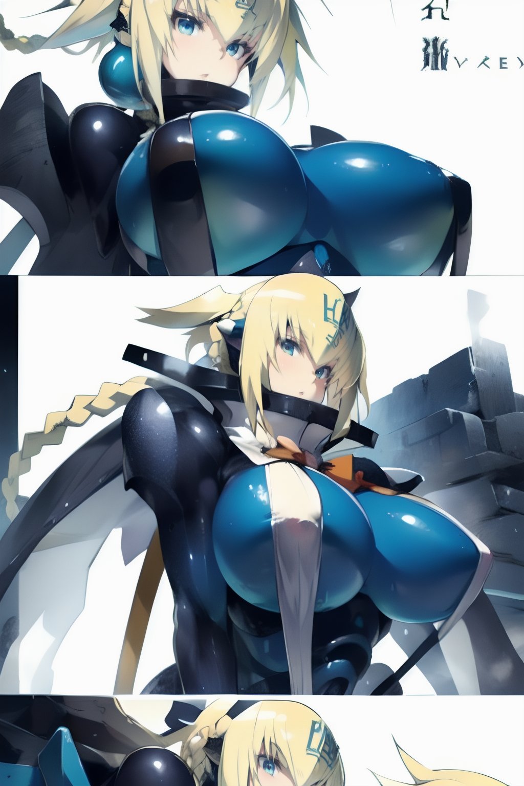 emera, huge breasts, perfect breasts, blonde hair, braid, twin tails,Emera, gigantic breasts, black suit