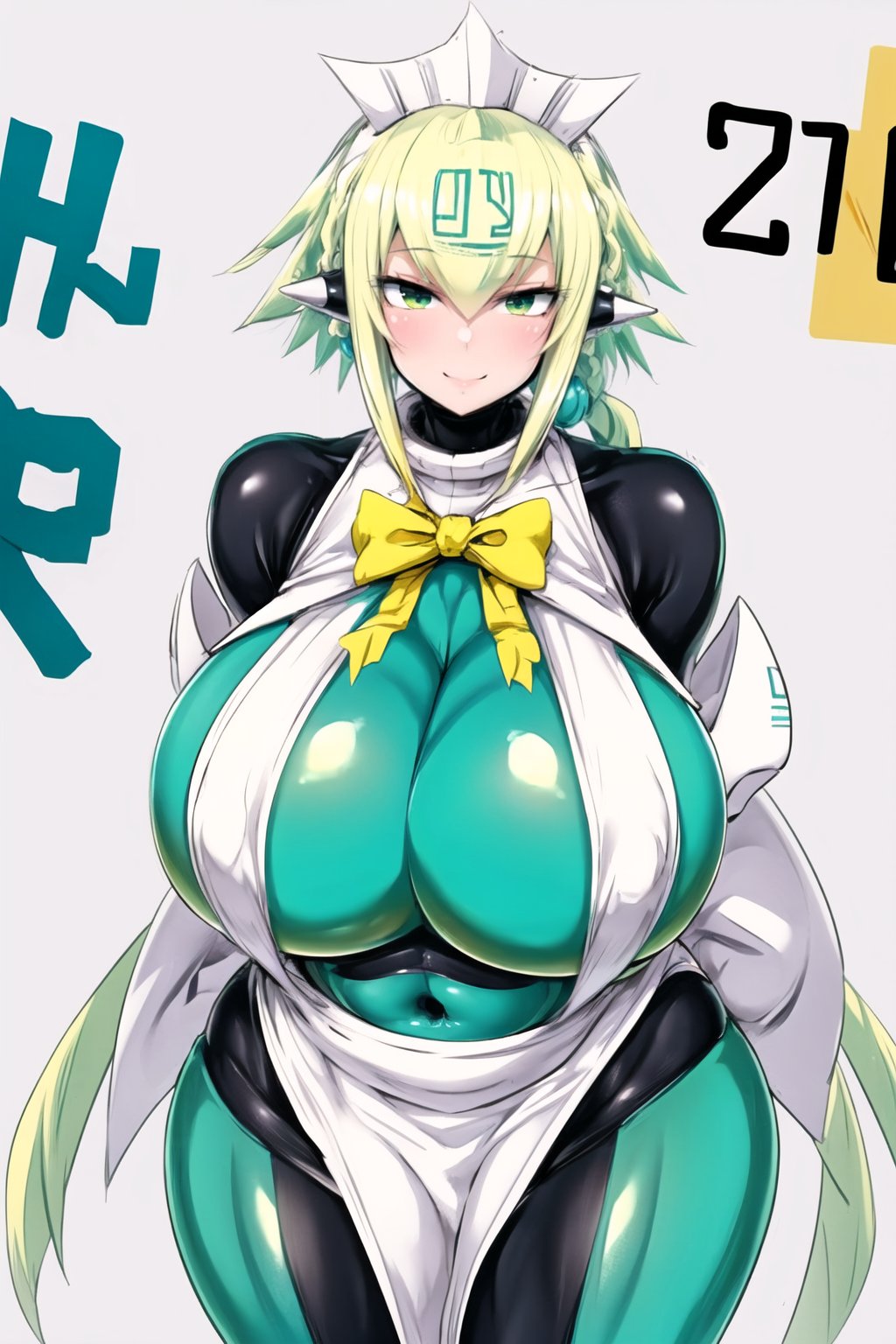 masterpiece, best quality, 1girl, solo, looking at viewer, blush, smile, simple background, tall body, standing, huge body, huge hips, ,abarano, huge breasts, thick thighs,emera, blonde hair, braid, twin tails, Emera, multicolored hair, green hair, gradient hair, covered navel, android, robot ears, perfect breasts, white background, yellow bowtie, gigantic breasts 