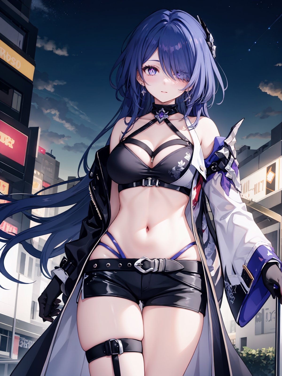 (extremely detailed CG, best quality:1.1), 1girl, perfect face, bright pupils, (finely detailed beautiful eyes:1.1), shiny skin, lustrous skin, wide hips, narrow waist, hair over one eye, bangs, gloves, black shorts, earrings, boots, cleavage, single thighhigh boot, asymmetrical footwear, jacket, asymmetrical sleeve, hair ornament, expressionless, city, science fiction, neon lights, starry sky, <lora:Acheron:0.6>