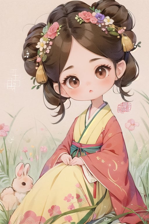 qgirl,  1girl,  rabbit,  hair ornament,  flower,  hanfu,  hair flower,  mole,  chinese clothes,  long sleeves,  updo,  blush,  solo,  mole under eye,  sitting,  brown eyes,  brown hair,  head tilt,  looking at viewer,  female child,<lora:EMS-225593-EMS:1.000000>