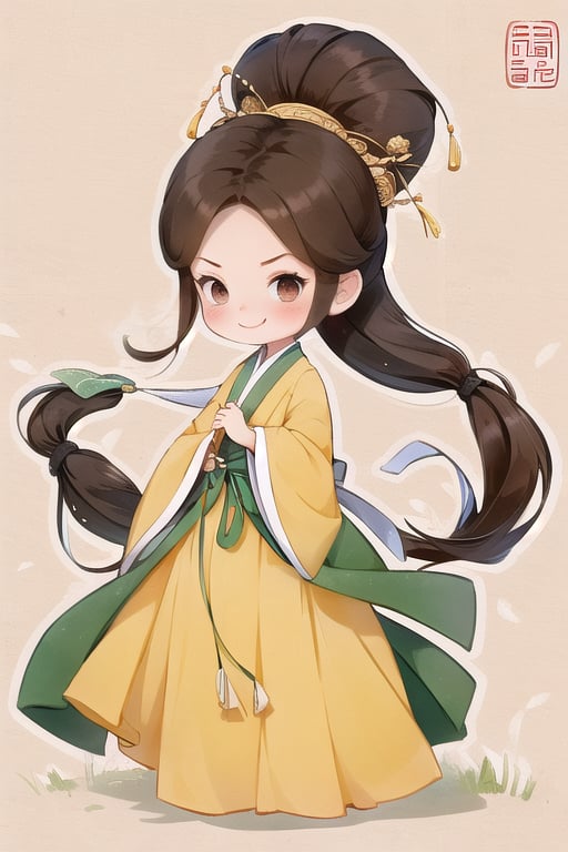 qgirl,  1girl,  solo,  hanfu,  smile,  brown hair,  dancing,  chinese clothes,  long sleeves,  long hair,<lora:EMS-225593-EMS:1.000000>