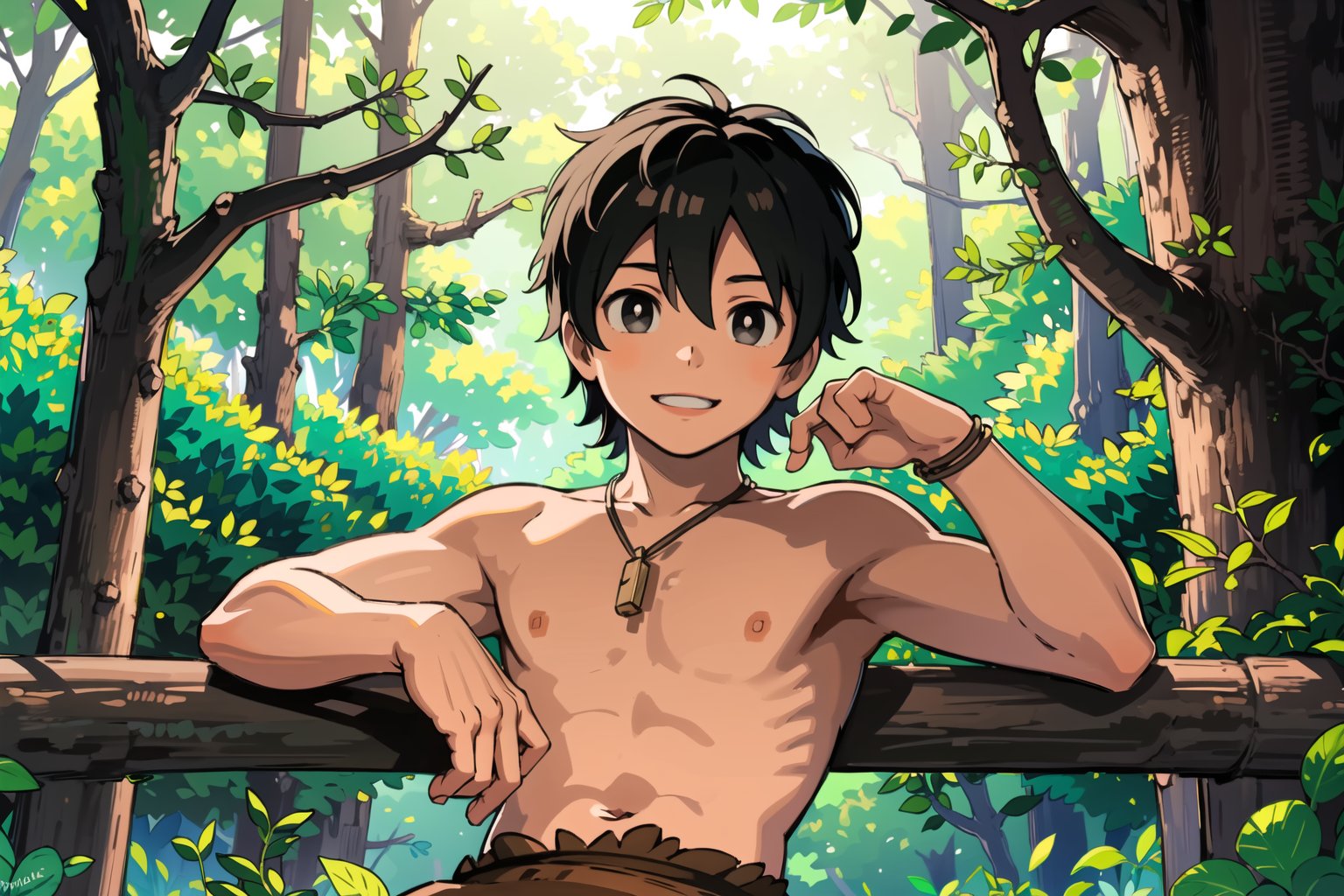 masterpiece, best quality,Looking at viewer, solo, male, 1boy,outdoors, forest, upper_body,Kukuru,Black eyes, black hair, smile, light ray, toples male, upper_body, sitting, 