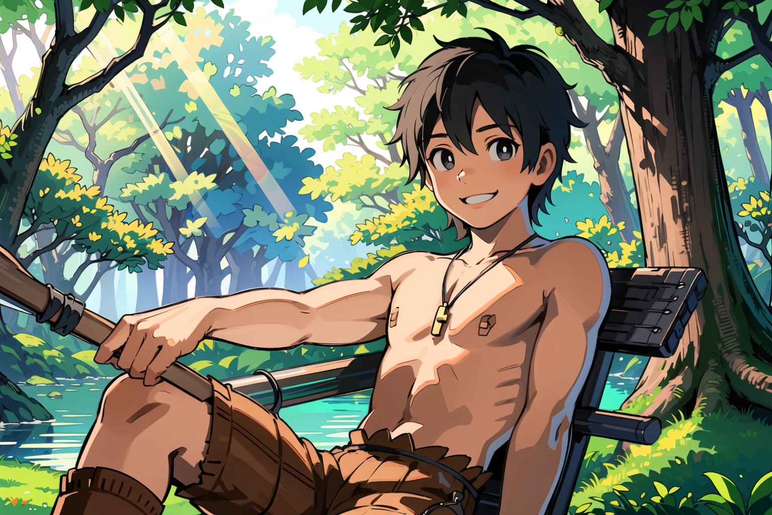 masterpiece, best quality,Looking at viewer, solo, male, 1boy,outdoors, forest, upper_body,Kukuru,Black eyes, black hair, smile, light ray, toples male, upper_body, sitting, 