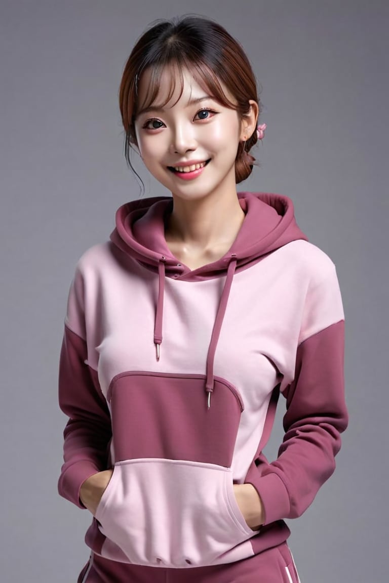 masterpiece, best quality, high resolution, lifelike texture, limited palette, accent lighting, detailed face, detailed eyes, detailed skin, extremely detailed, intricate details,  dr24leedahye, smile, jogging, hoody