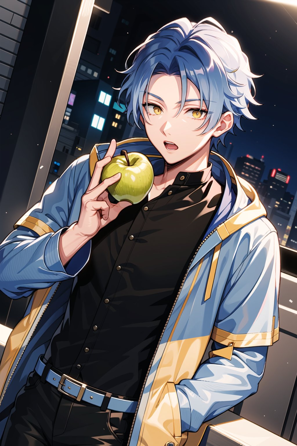 Looking at viewer, solo, male, Nico,Blue hair,Yellow eyes, blue jacket, black shirt, black pants, upper_body, eating green apple, open mouth, standing,