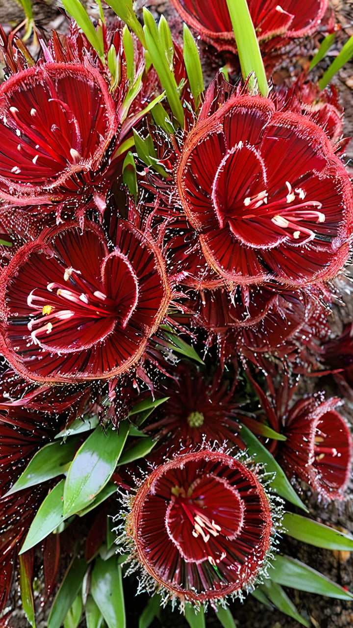 (Wonderful Plants) Dracunculus vulgaris 'Dragon's Blood Lily': This is a plant with bright red flowers whose corolla looks like drops of dragon's blood