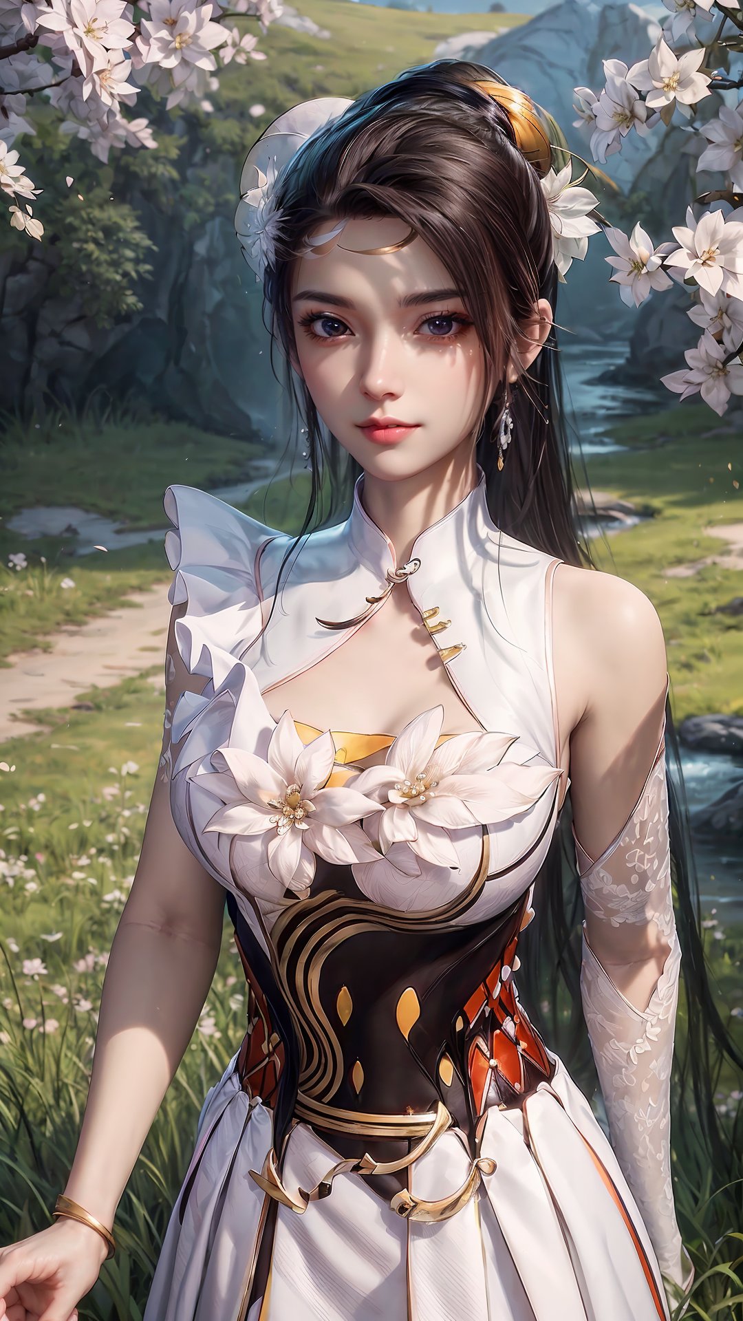 masterpiece,best quality,official art,extremely detailed CG unity 8k wallpaper,realistic,light rays,light particles,1girl,solo,medium chest,in a meadow,stream,mountain,cherry_blossoms,flower,outdoors,long_hair,earrings,(hair_ornament:1.2),dynamic pose,looking at viewer,(cowboy shot:1.2),