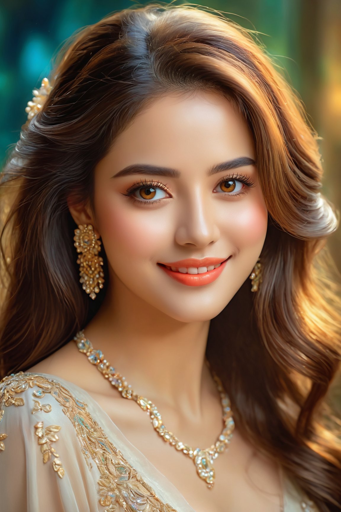 (best quality, 4k, 8k, highres, masterpiece:1.2), ultra-detailed, realistic, portrait, female, beautiful detailed eyes, beautiful detailed lips, cute smile, fancy style, medium:oil painting, soft brush strokes, vibrant colors, delicate features, graceful pose, flowing hair, gorgeous dress, sparkling jewelry, subtle shading, ethereal atmosphere, gentle lighting, magical ambiance, harmonious color palette, sublime beauty,<lora:EMS-227252-EMS:0.800000>