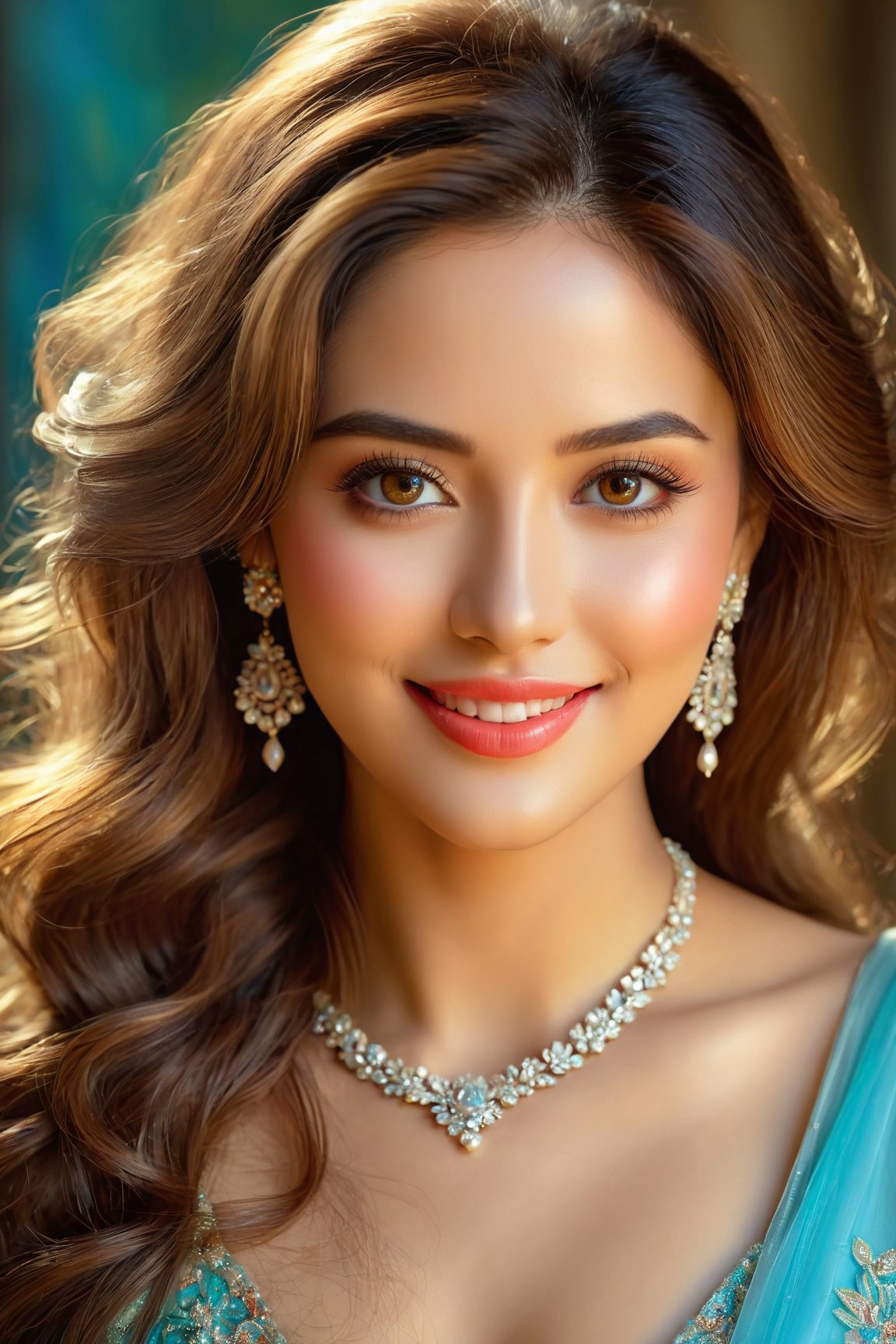 (best quality, 4k, 8k, highres, masterpiece:1.2), ultra-detailed, realistic, portrait, female, beautiful detailed eyes, beautiful detailed lips, cute smile, fancy style, medium:oil painting, soft brush strokes, vibrant colors, delicate features, graceful pose, flowing hair, gorgeous dress, sparkling jewelry, subtle shading, ethereal atmosphere, gentle lighting, magical ambiance, harmonious color palette, sublime beauty,<lora:EMS-227252-EMS:0.800000>