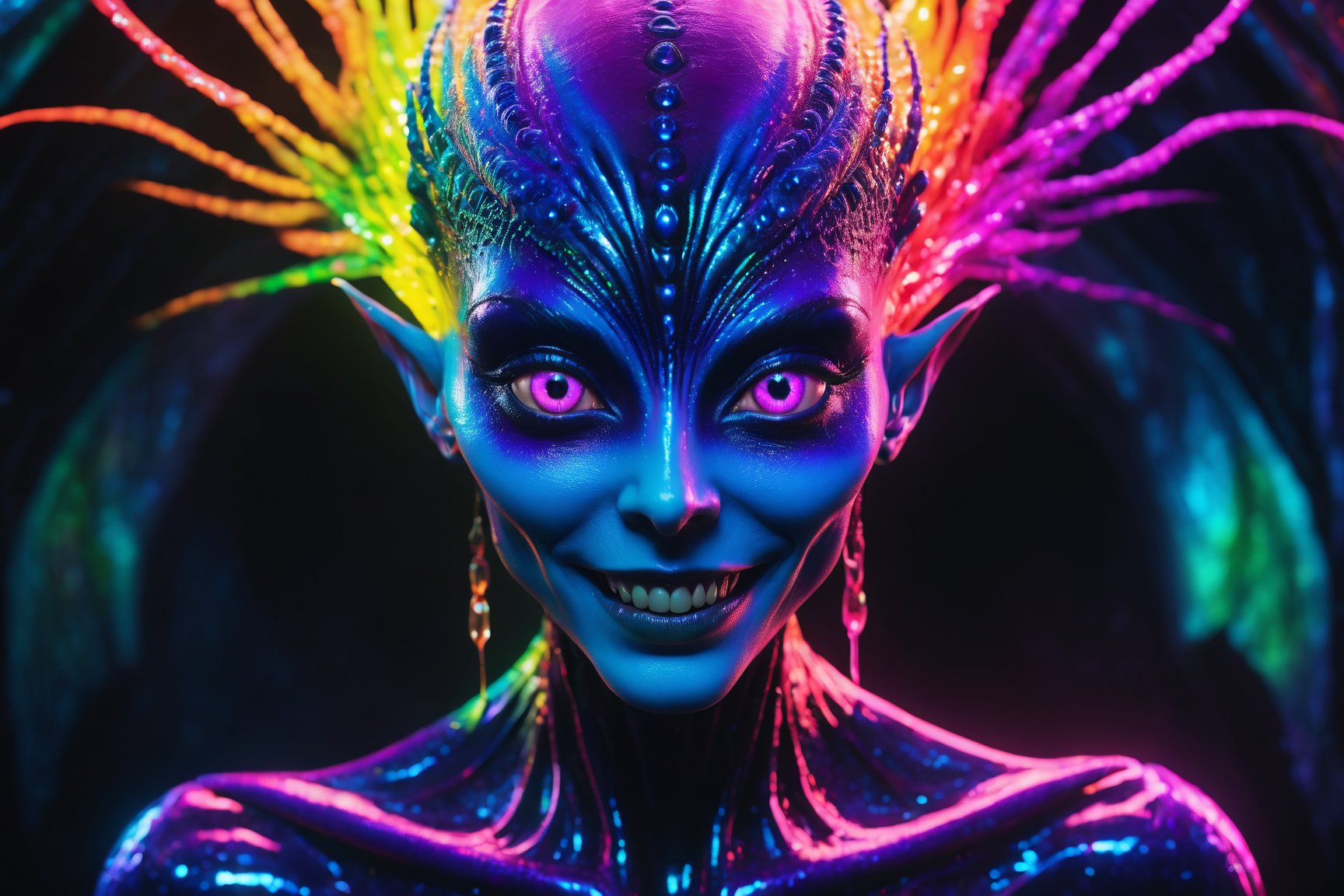 best quality, 8k, ultra-detailed, realistic:1.37, vibrant colors, vivid shading, breathtaking portrait of an alien shapeshifter entity, mesmerizing eyes, intricate facial details, otherworldly skin texture, insane smile, unnerving and intricate complexity, surreal horror atmosphere, dark shadows, inverted neon rainbow drip paint, ethereal glow, hypnotic energy, transcendent beauty, mystical aura, octane render
