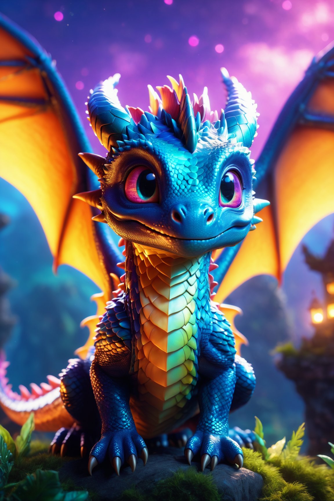 baby dragon, cinematic background, vibrant colors, UHD, 16k, 3D rendering, detailed scales, adorable face and expression, sparkling eyes, fluffy wings, playful pose, magical atmosphere, realistic textures, professional artwork, fantasy art style, mystical lighting, captivating composition, epic fantasy scene