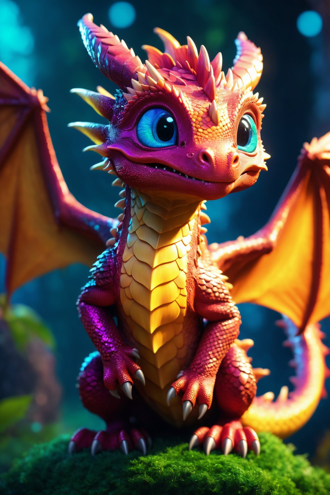 baby dragon, cinematic background, vibrant colors, UHD, 16k, 3D rendering, detailed scales, adorable face and expression, sparkling eyes, fluffy wings, playful pose, magical atmosphere, realistic textures, professional artwork, fantasy art style, mystical lighting, captivating composition, epic fantasy scene