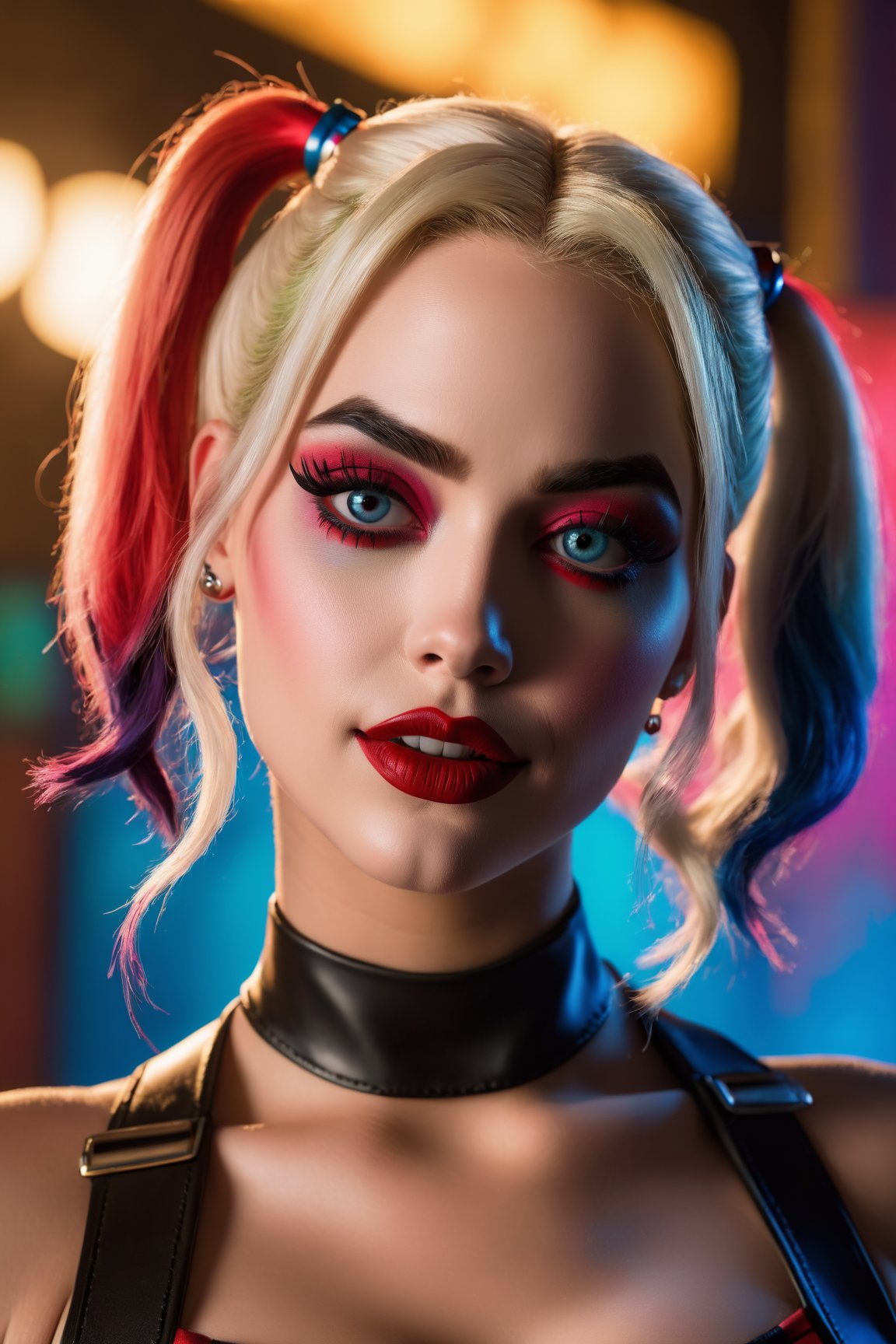 (best quality,4k,8k,highres,masterpiece:1.2),ultra-detailed,(realistic,photorealistic,photo-realistic:1.37),DC Harley Quinn,Dynamic pose,beautiful detailed eyes,beautiful detailed lips,extremely detailed eyes and face,long eyelashes,topless,breasts,white socks,characteristic makeup,playful expression,twisted hair,confident posture,colorful background,comic book style,vibrant colors,contrasting shadows,intense lighting,dramatic comic-inspired lighting