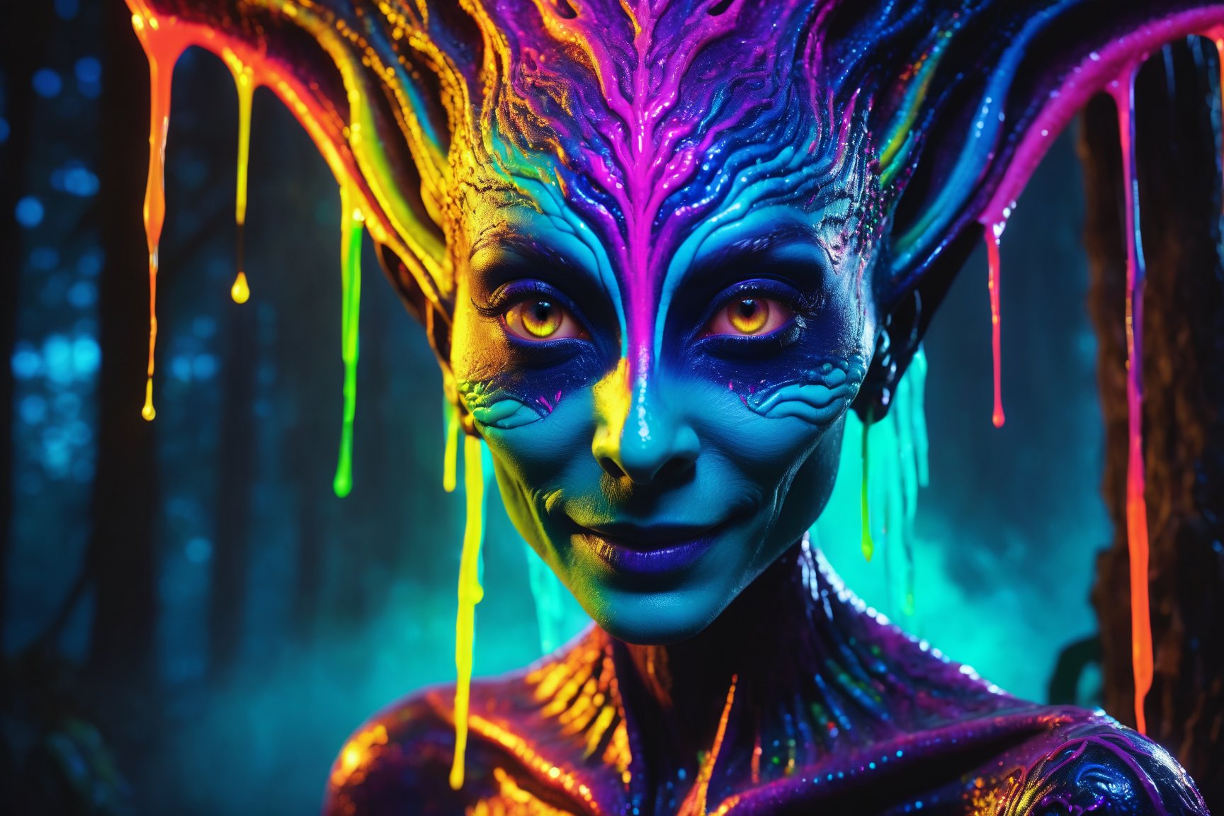 best quality, 8k, ultra-detailed, realistic:1.37, vibrant colors, vivid shading, breathtaking portrait of an alien shapeshifter entity, mesmerizing eyes, intricate facial details, otherworldly skin texture, insane smile, unnerving and intricate complexity, surreal horror atmosphere, dark shadows, inverted neon rainbow drip paint, ethereal glow, hypnotic energy, transcendent beauty, mystical aura, octane render
