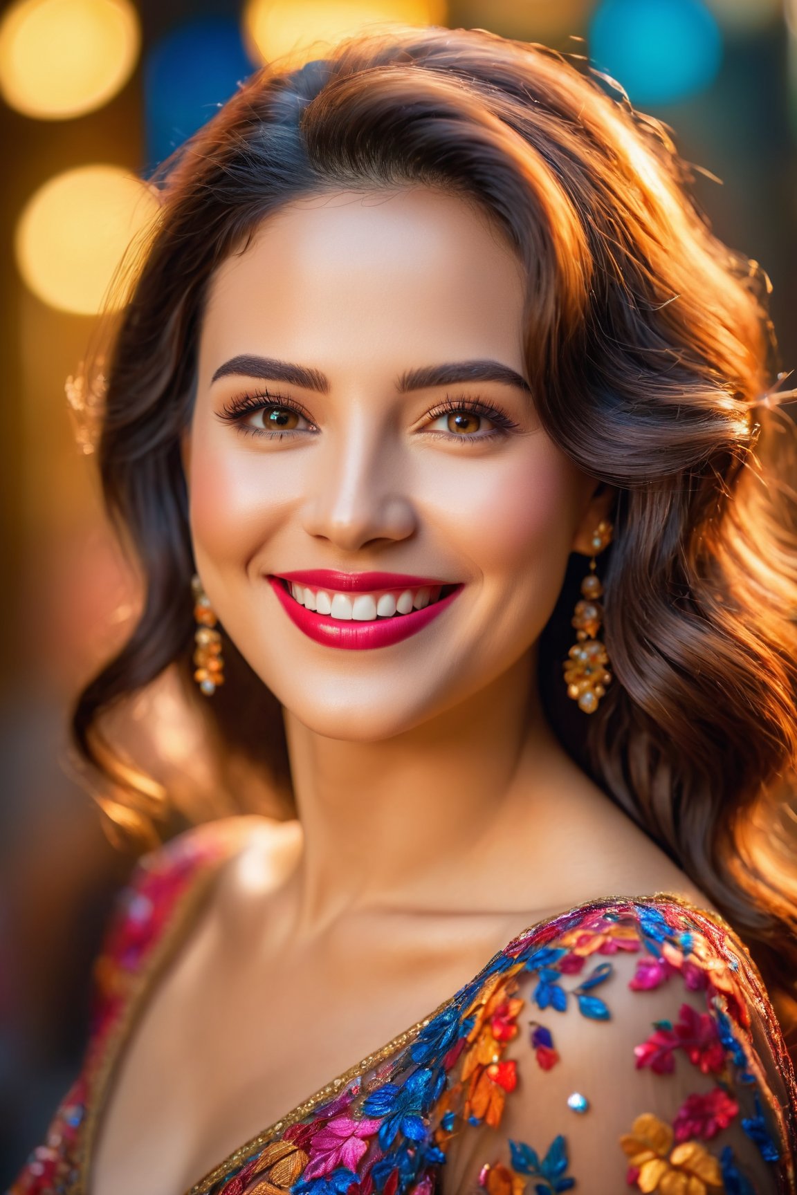 (best quality, 4k, 8k, highres, masterpiece:1.2), ultra-detailed, realistic beauty, woman with a captivating smile, fancy portrait,  vibrant colors, soft lighting, fine art, bokeh,<lora:EMS-227252-EMS:0.800000>