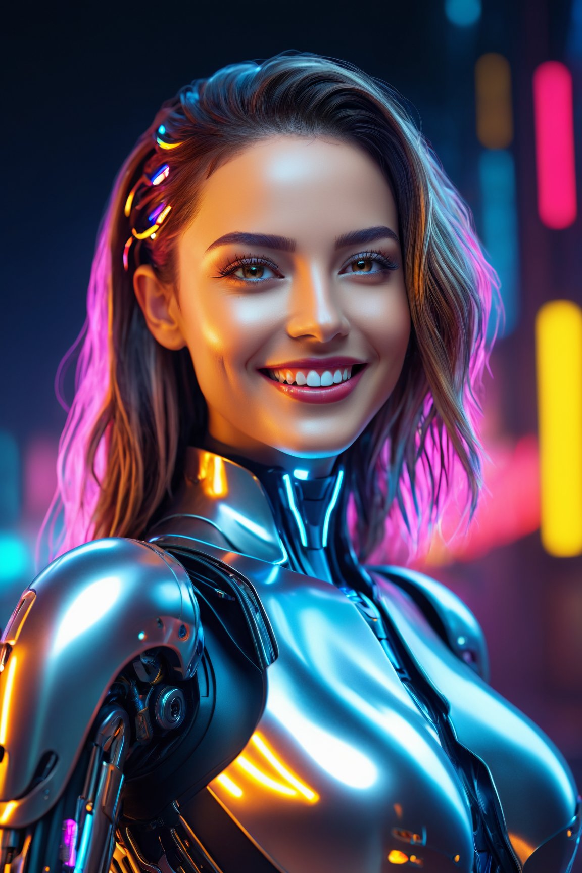 (best quality,4k,8k,highres,masterpiece:1.2),ultra-detailed,(realistic,photorealistic,photo-realistic:1.37), woman, beautiful, cute smile, fancy, cyborg, robot, portrait, metallic skin, glowing eyes, flowing hair, sleek design, futuristic fashion, vibrant colors, neon lights, surrealistic background