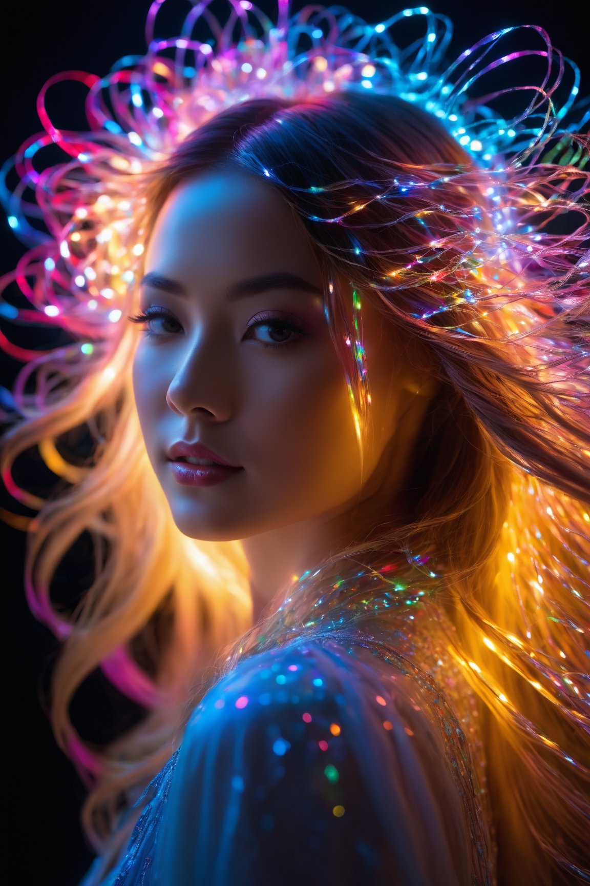 best quality, 4k, 8k, highres, masterpiece:1.2), ultra-detailed, (realistic, photorealistic, photo-realistic:1.37), Luminogram portrait with fiber optic light painting, Light field photography, Light painting, Light tracing, portraits, bokeh, studio lighting, physically-based rendering, vivid colors, sharp focus, reverse vignette, ethereal glow, colorful, delicate details, soft shadows, luminescent strands, subtle highlights, ambient incandescent light, fantastical atmosphere, glowing figures, unconventional light sources, contrasting hues, fiber optic brushstrokes, hypnotic patterns, trail of lights, playful illumination,ANIME