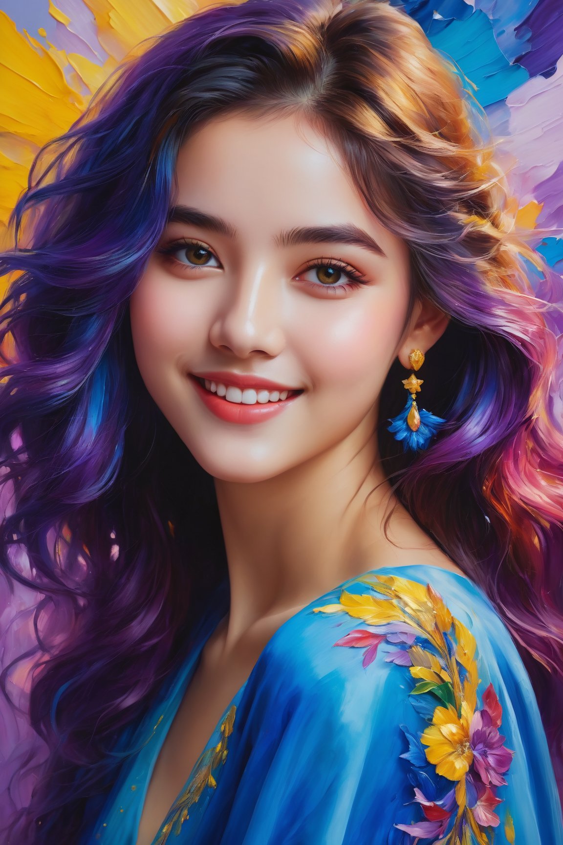 An enchanting 8K oil painting masterpiece, (A vibrant and youthful woman, 18 years old, her hair artfully tousled:1.3), Exquisitely portraying her perfect face with soft, cute smile, flawless skin, adorned with a delightful blend of blue, yellow, light purple, and violet hues, accentuated with hints of light red, (An intricate celebration of beauty:1.3), Every detail meticulously crafted in a mesmerizing display of colors, resembling a stunning splash screen, (An 8K resolution masterpiece that captivates the eye:1.3), A cute face brought to life in the realm of art, destined to grace ArtStation's digital painting hall of fame, (A smooth and artistic portrayal that defies convention:1.3)