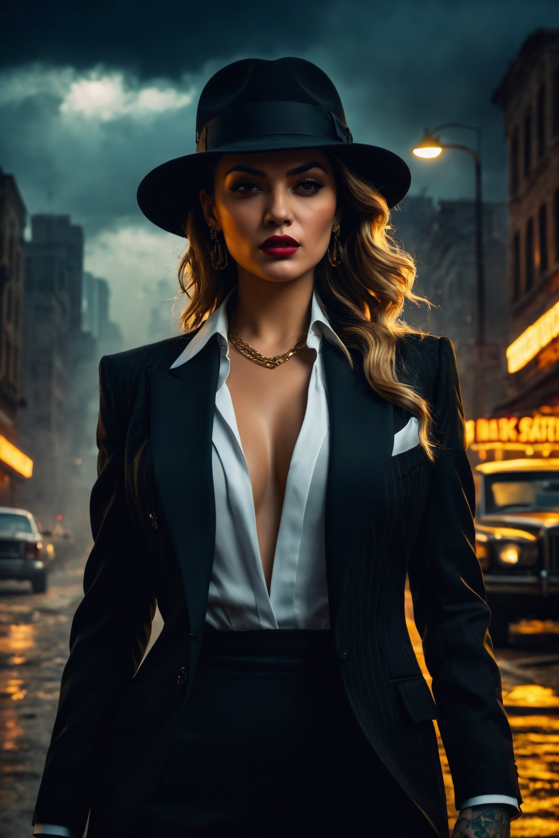 (best quality,4k,8k,highres,masterpiece:1.2),ultra-detailed,(realistic,photorealistic,photo-realistic:1.37),woman,gangster,mafia,mafia tattoo,mafia outfit,ocean view,night time,dark shadows,cruel smirk,menacing eyes,confident pose,sharp suit,hat,contrast lighting,vivid colors,gritty atmosphere,dramatic chiaroscuro,hidden gun,secret hideout,expressive face expression,tense atmosphere,mystery and intrigue,stormy weather,mysterious background,city skyline,dusty road,smoke,fine texture,street lamps,criminal empire,urban setting,distinctive tattoo design