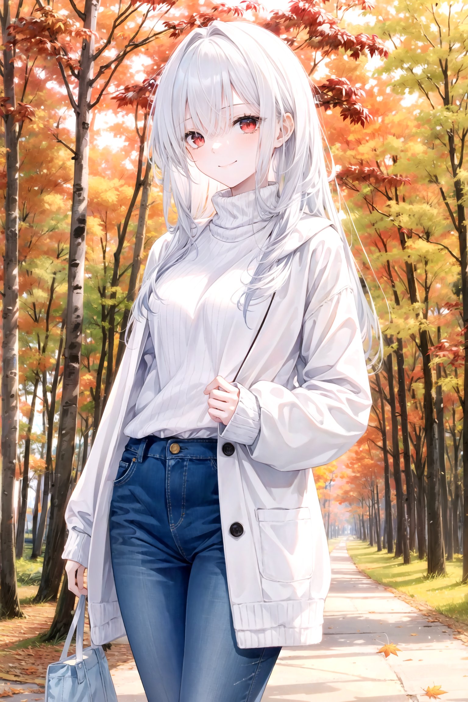  1girl, tender wifely, solo.detailed eyes, red eyes, white hair, long hair, bangs, white sweaters, turtlenecks sweaters, jeans;closed mouth, smile, standing, cowboy shot.autumn street, city walk, maple_leaves fallen, outdoors.