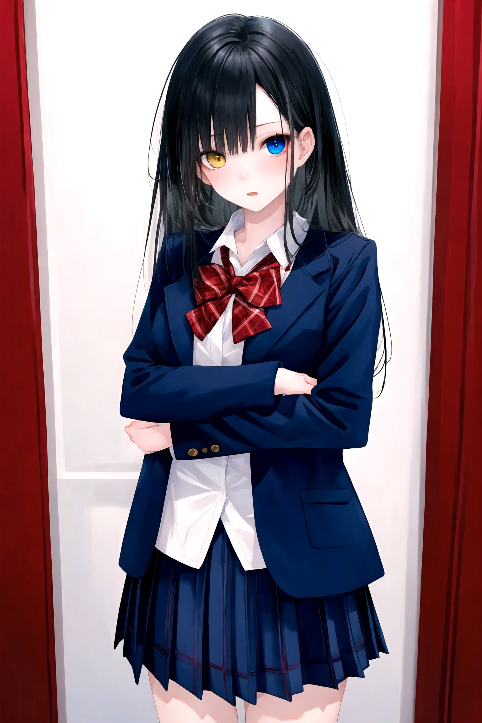  1girl,solo.long hair,highly detailed eyes,heterochromia<(red eye,blue eye)>,suit jacket,long sleeves,plaid skirt,pleated skirt,school uniform,open jacket,white shirt;standing,closed mouth,blush,looking at viewer.