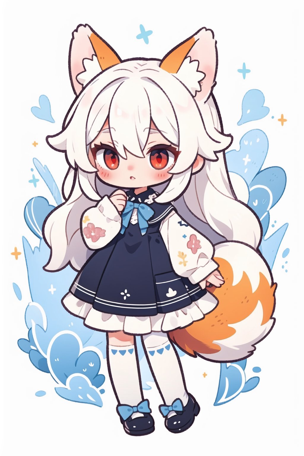 1girl,blue bow,animal ears,red eyes,long hair,very long hair,long sleeves,solo,bow,hair between eyes,tail,fox tail,bangs,dress,white legwear,white hair,