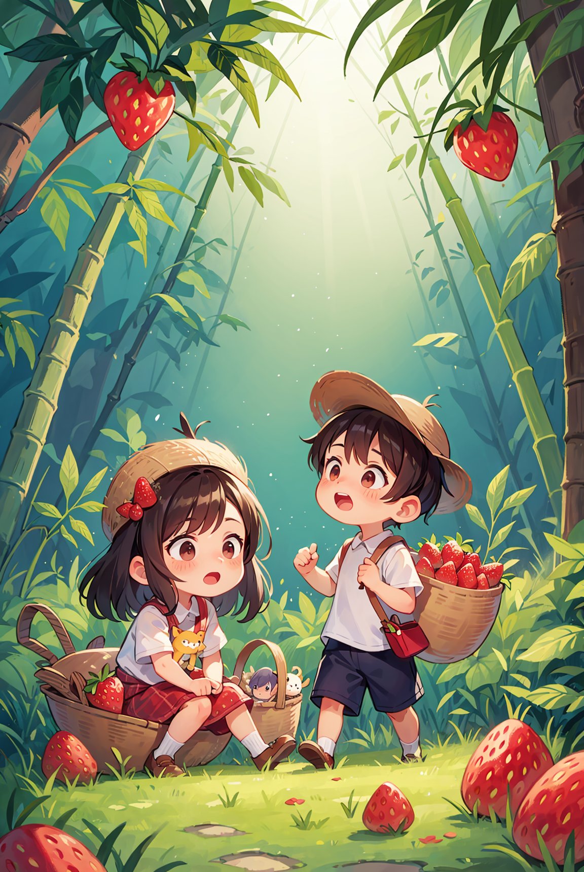  Two Children's Adventures: Adventure in a pink colored natural forest, covered in bright red strawberries of different sizes. Two children are carrying bamboo baskets, and small animals in the forest are lying on branches to watch them