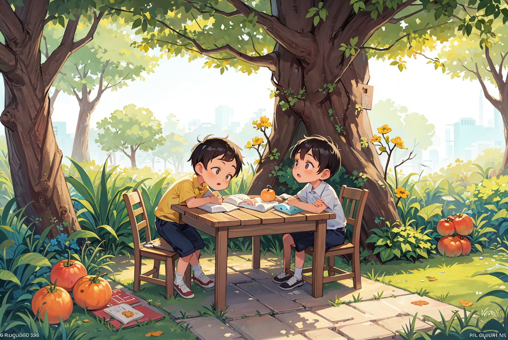 High definition and perfect picture quality,masterpiece,quadrangle courtyard,loquat trees full of loquats,sunlight falling through the leaves (a little boy and a little girl),wooden table and chair,with a pile of loquat fruits on the table,basking in the sun for leisure and visual pleasure. Warm visuals,childhood memories,children's illustration books,perfect composition