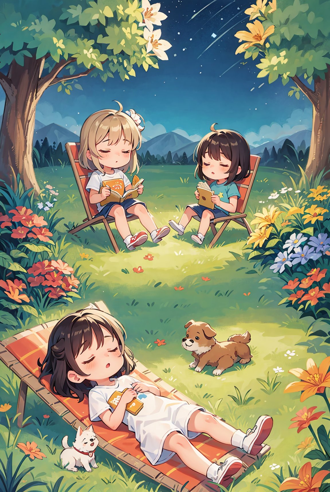 Little girls sleeping on lawn chairs in the yard, dogs, flowers, stars, masterpiece, best quality,