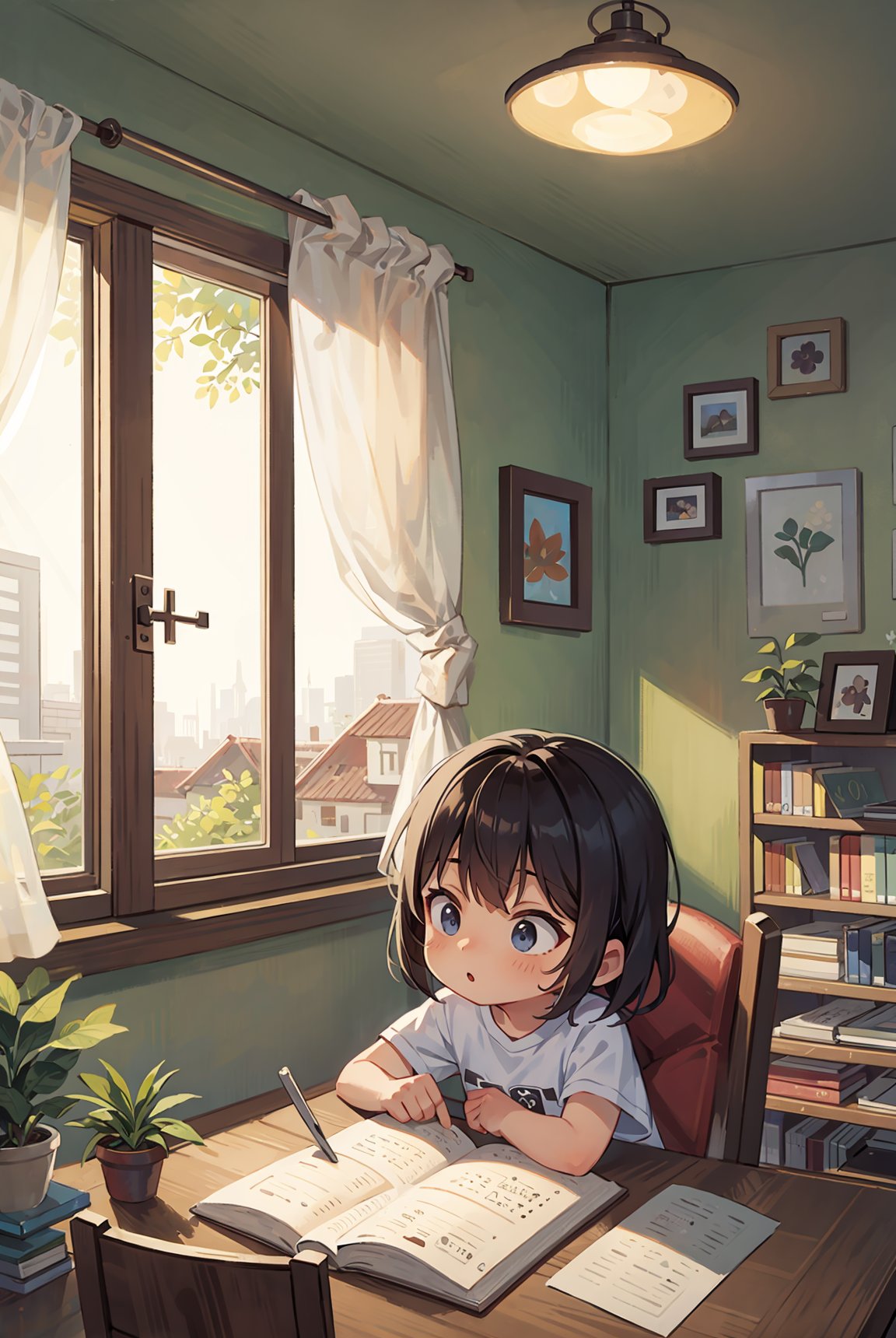 tongxin,sun,A child, Solo, looking out the window, in the study,sunlight,blur background,There is a building in the distance outside the window,