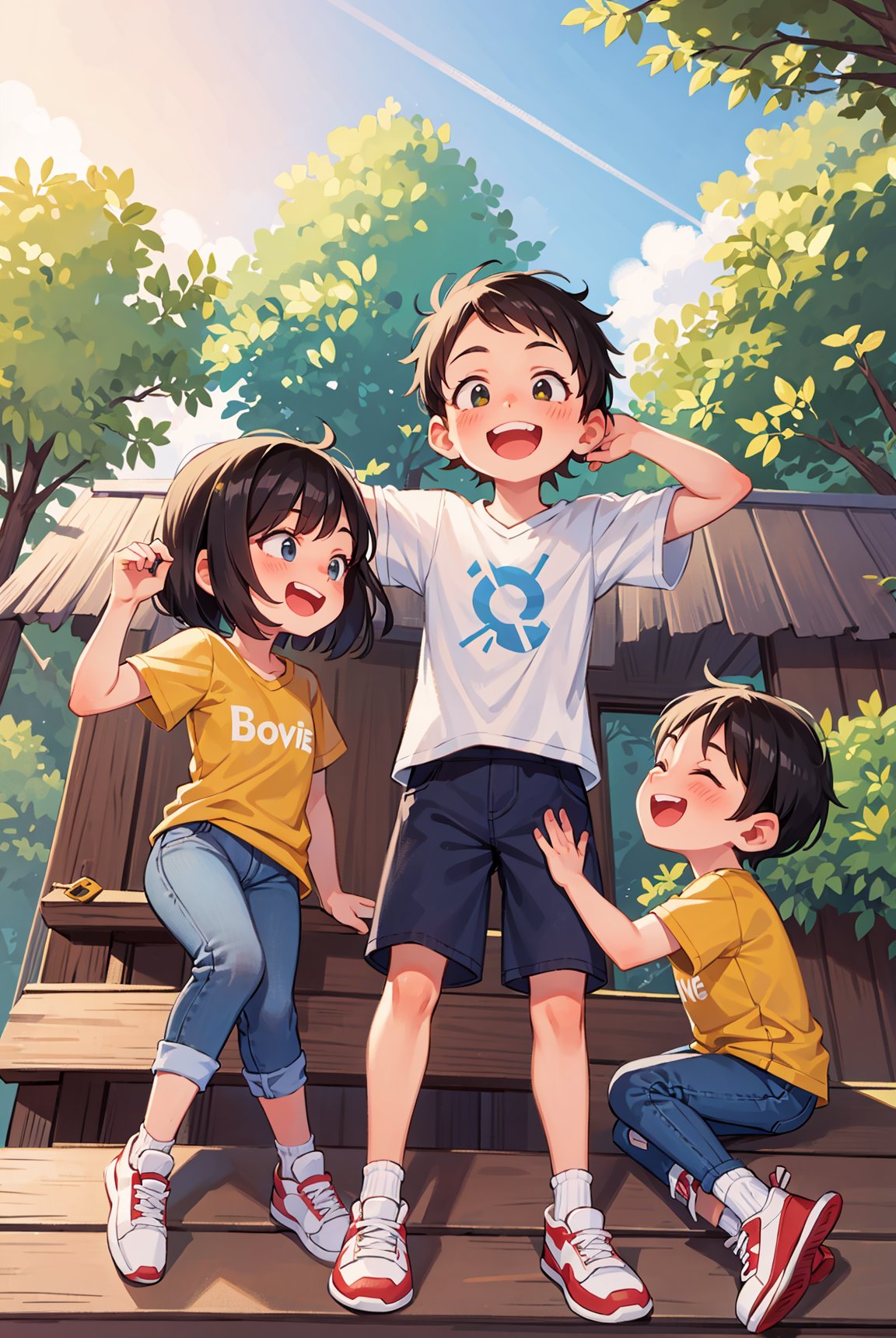 Three happy little boys and a little girl sat on the roof, taking full body photos and laughing happily. The boy is wearing a yellow short sports shirt and red sports shoes, while the girl is wearing a white sports shirt, jeans, white sports shoes, black hair, a house, flowers, big trees, fences, sunset,