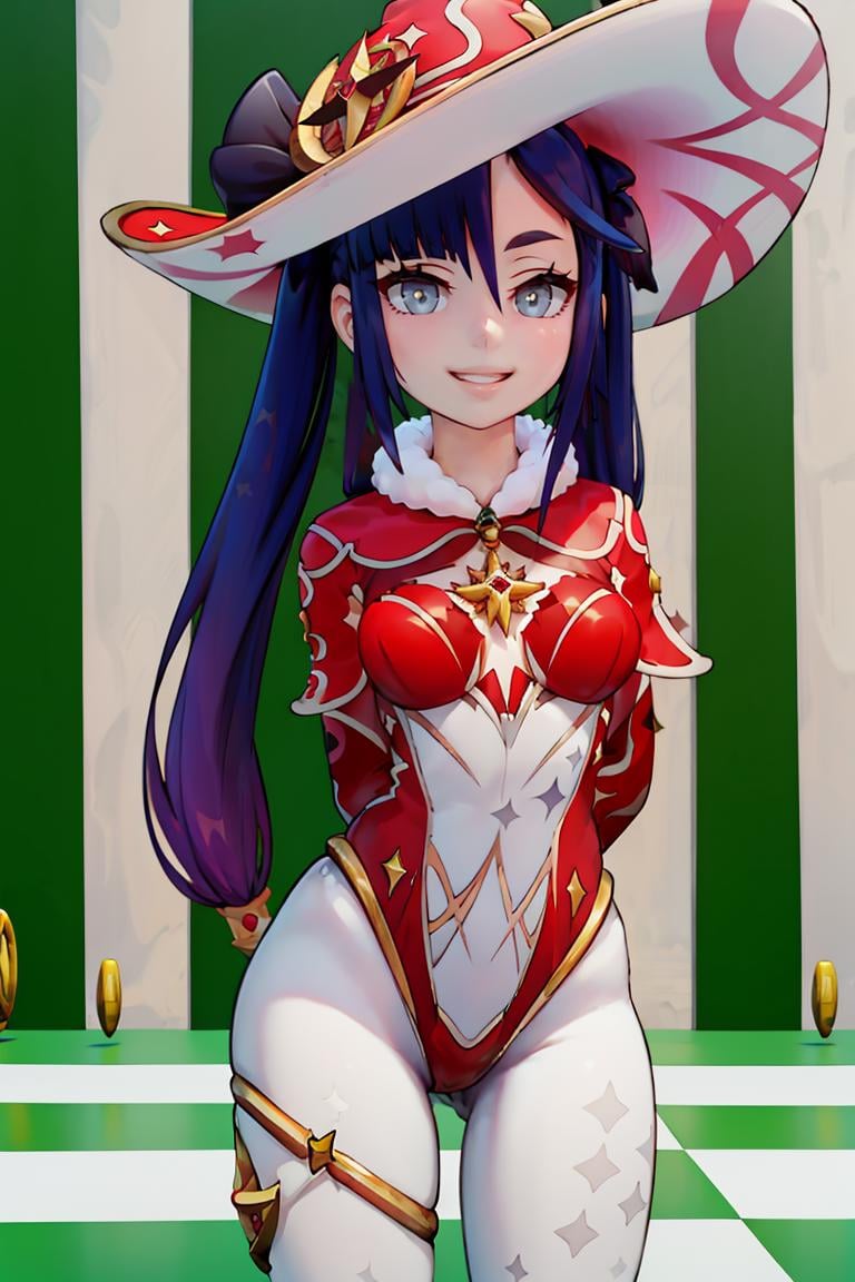 <lora:the_other_half_style:0.8>,((masterpiece,best quality)), absurdres,<lora:Mona_Christmas:0.8>, Mona_Christmas, twintails, white pantyhose, red witch hat, (hands behind back), leaning forward, solo, smiling, looking at viewer, cowboy shot, 