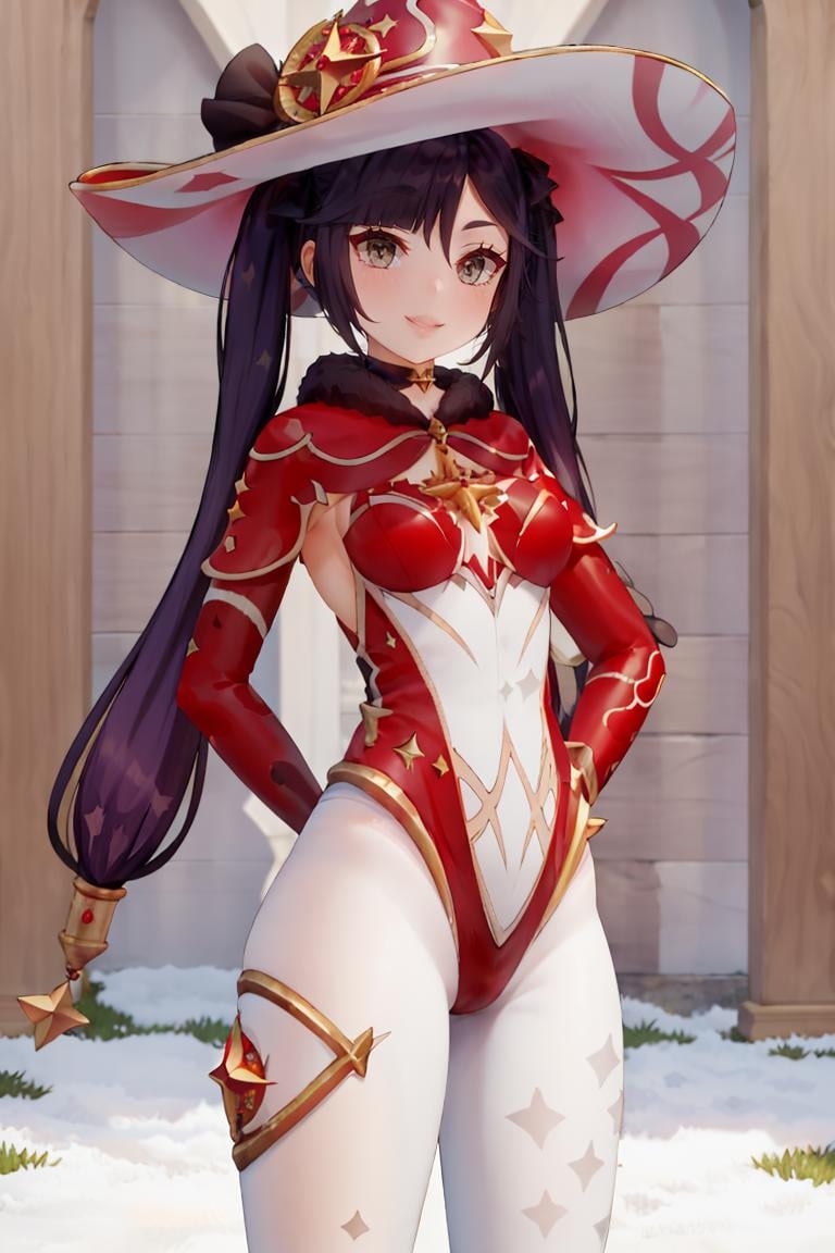 <lora:Puppypaww_Style:0.8>,((masterpiece,best quality)), absurdres, <lora:Mona_Christmas:0.8>, Mona_Christmas, twintails, white pantyhose, red witch hat, hand on hip, hand behind back, hip to side, contrapposto, solo, smiling, looking at viewer, cowboy shot,