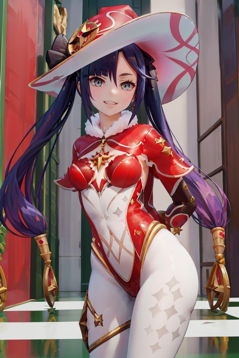 ((masterpiece,best quality)), absurdres,<lora:Mona_Christmas:0.8>, Mona_Christmas, twintails, white pantyhose, redwitch hat, (hands behind back), leaning forward, solo, smiling, looking at viewer, cowboy shot, 