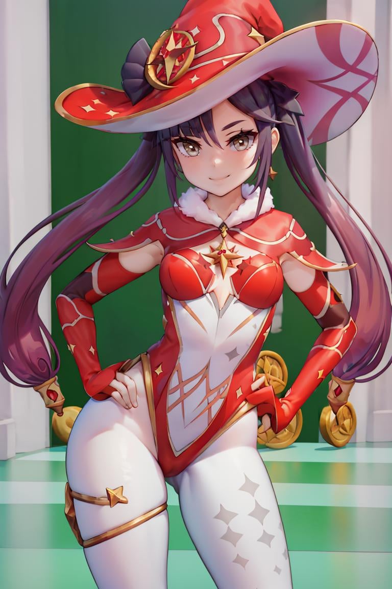 <lora:twistedscarlett60_style:0.8>,((masterpiece,best quality)), absurdres, <lora:Mona_Christmas:0.8>, Mona_Christmas, twintails, white pantyhose, red witch hat, hand on hip, hand behind back, hip to side, contrapposto, solo, smiling, looking at viewer, cowboy shot,