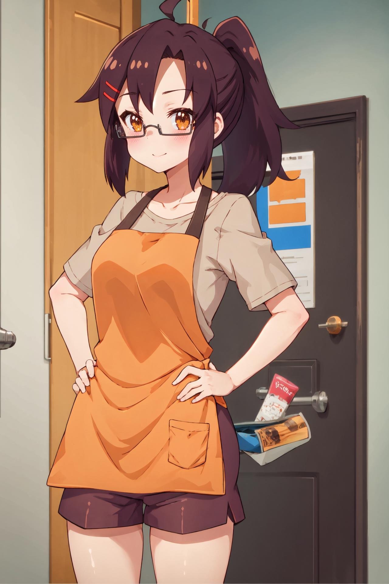 Masterpiece, best quality, perfect lighting, ((nice hands)), perfect hands, 1girl, solo, yasuko2, brown hair, ahoge, ponytail, hair barettes, amber eyes, square black glasses, tan shirt, orange apron, maroon shorts, looking at viewer, blush, hands on hips, <lora:Yasuko:0.75>